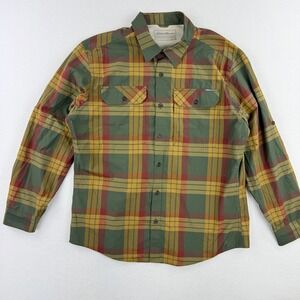 Eddie Bauer Performance Collar Shirt Size L Olive Green Plaid Long Sleeve Mens‎